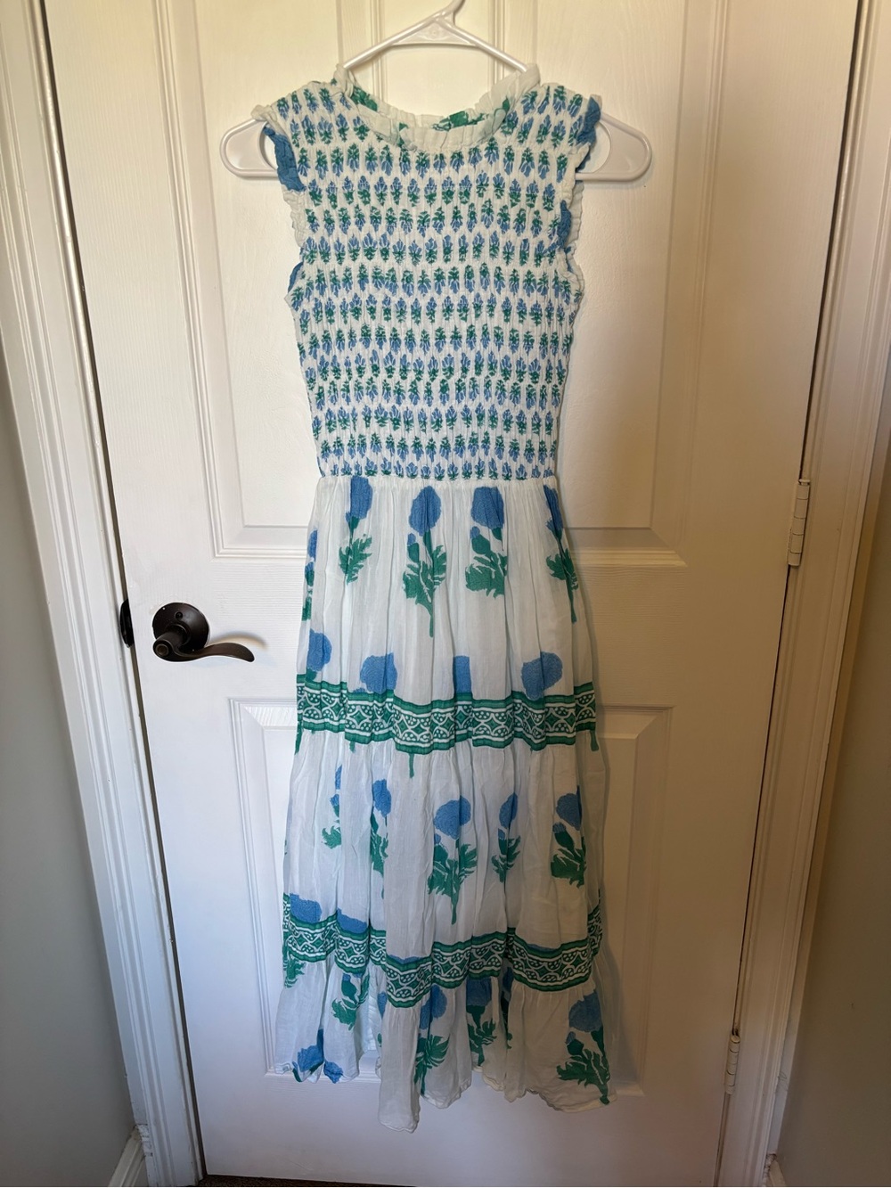 Oliphant White Maxi Dress Blue Green Floral Print Smocked Sleeveless XXS - Picture 2 of 6